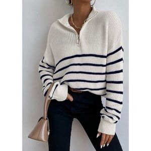 Striped White Black Knit Sweater Quarter Zip Relaxed Fit Sailor Minimalist Cozy